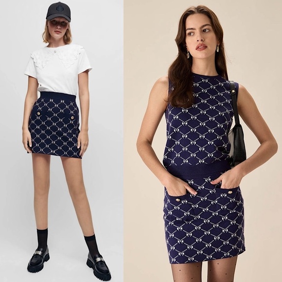 MAJE Navy Bow Design Jacquard Knit Gold Logo Button Patch Pocket Mini Skirt 6 - Picture 3 of 14